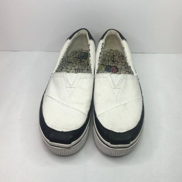 Toms Boardwalk Venice Canvas Platform Slip Ons Flats White Black Monogram Womens - Picture 5 of 10